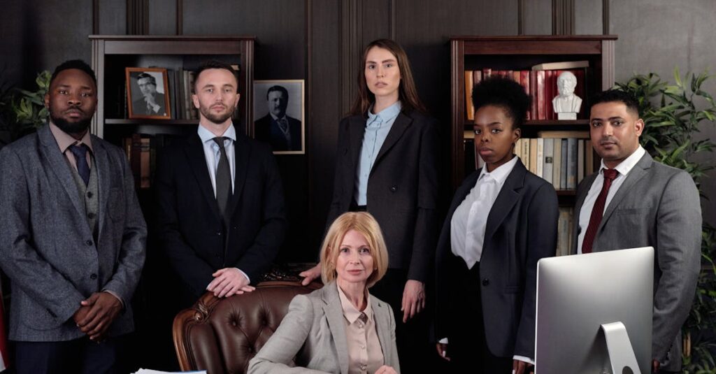 Diverse group of professionals in corporate attire posing confidently in an office environment.